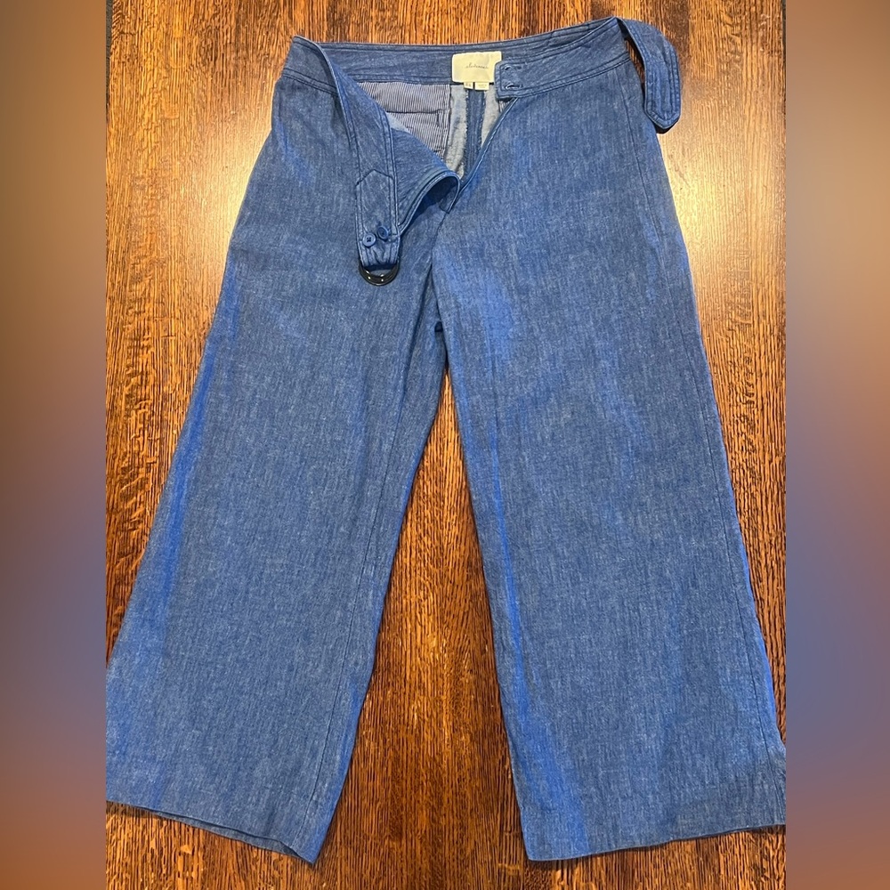 Anthropologie Elevenses Wide Leg Cropped Linen + Cotton Pants Size 4 Blue Denim